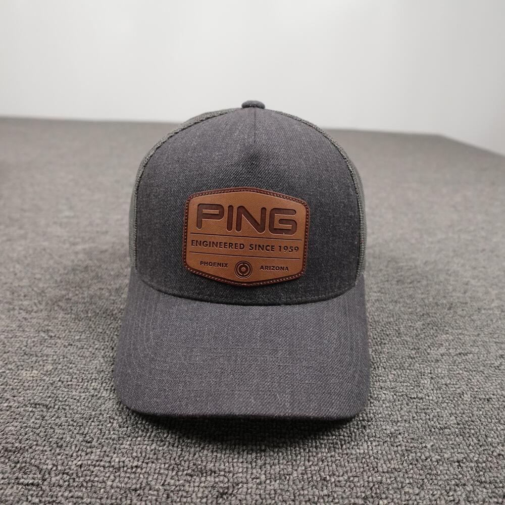 Ping Hat Cap Snap Back Mens One Size Gray Mesh Trucker Leather Patch Golf